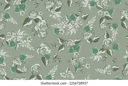 Full seamless lilium rose floral pattern background for fabric print. Green flower leaves illustration. Vector design for women dress and textile.