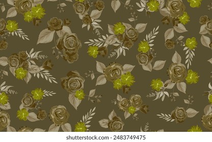 Full seamless lilium rose floral pattern background for fabric print. Brown flower leaves illustration. Vector design for women dress and textile.