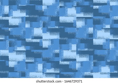 Full Seamless Modern Distressed Square Pattern Vector. Classic Blue And Gray Halftone Design Fabric Print Background Illustration For Textile.