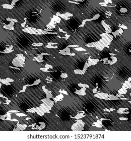 Full seamless modern halftone lines camouflage pattern for decor and textile. Black and white camo design for textile fabric printing and wallpaper. Army model design for trend fashion.