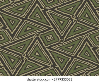 Full Seamless olive triangle pattern with hand drawn tribal lines, nested shapes, and rustic textile texture. Geometric ethnic print. Background for fabric, wallpaper, and decor.