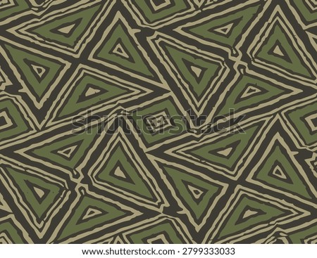 Full Seamless olive triangle pattern with hand drawn tribal lines, nested shapes, and rustic textile texture. Geometric ethnic print. Background for fabric, wallpaper, and decor.
