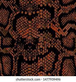 Full Seamless Onamental Snake Animal Skin Pattern Vector. Black and orange snake leather design for textile fabric print. Snake leather pattern for bag, shoes, tight, dress and fabric printing.