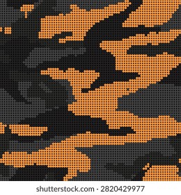 Full Seamless orange black camouflage halftone background. High contrast dot patches create an energetic tactical print for apparel, fabric and bags.