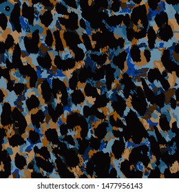 Full Seamless ornamental leopard cheetah animal fur pattern. Design for blue and black cheetah colored textile fabric printing. Suitable for fashion skin use.