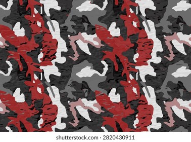 Full Seamless red gray brush camouflage pattern with bold urban texture, painted print patches, and streetwear background energy for jackets, bags, sportswear, and fabric.