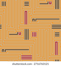 Patrón de bloque de laberinto retro completo sin fisuras para fondo de impresión cálido. Líneas anaranjadas con acentos marrones terrosos. Textura de Vector de Antiguas para decoración de mediados de siglo, tela y papel de regalo.