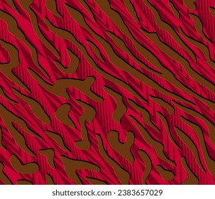 Full seamless tiger and zebra stripes animal skin pattern. Red texture for textile fabric print. Suitable for fashion use.
