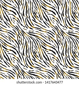 Full seamless wallpaper for zebra and tiger stripes animal skin pattern. Black gold and white design for textile fabric printing. Fashionable and home design fit.