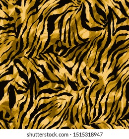 Full seamless wallpaper for zebra and tiger stripes animal skin pattern. Black and gold design for textile fabric printing. Fashionable and home design fit.