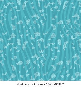 Full seamless wallpaper for zebra and tiger stripes animal skin pattern. Turquoise and white ornamental design for textile fabric printing. Fashionable and home design fit.