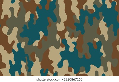 Full Seamless woodland camouflage pattern with tan khaki teal and olive shapes, natural army texture, and soft outdoor rhythm. Military camo print. Background for fabric and apparel.