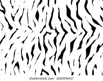 Full Seamless Zebra Tiger Pattern Textile Texture. Vector Background. Black and White Animal Skin for Women Dress Fabric Print.