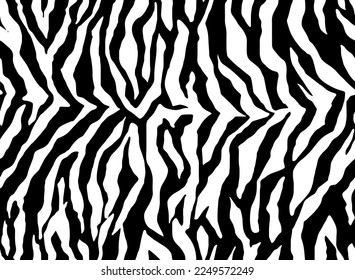 Full Seamless Zebra Tiger Pattern Textile Texture. Vector Background. Black and White Animal Skin for Women Dress Fabric Print.