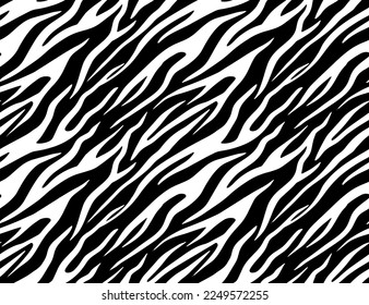 Full Seamless Zebra Tiger Pattern Textile Texture Print. Vector Background. Black white design for interior, clothes, bed linen, fabric, cover, wallpaper, fashion, kids clothing.