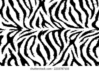 Tejido textil de patrón de tigre de cebra sin foco. Fondo del vector con problemas. Piel de animales blancos y negros para mujeres vestidas con tela.