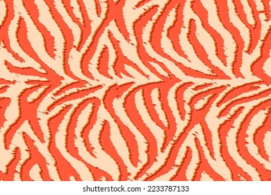 Tejido textil de patrón de tigre de cebra sin foco. Fondo del vector con problemas. Piel roja de animal blanco para mujeres vestidas con tela.