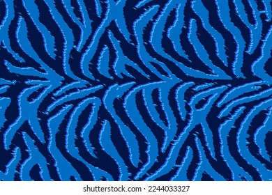 Full Seamless Zebra Tiger Worn Pattern Textile Texture. Distressed Vector Background. Navy Blue Animal Skin for Women Dress Fabric Print.