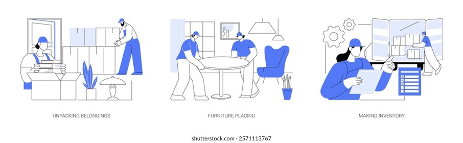 Full service movers isolated cartoon vector illustrations set. Professional worker unpacking belongings, people in uniform placing furniture in new house, manager making inventory vector cartoon.