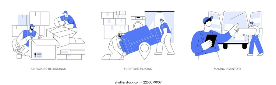 Full service moving company abstract concept vector illustration set. Unpacking belongings, furniture placing, making inventory, couriers delivery services, real estate business abstract metaphor.