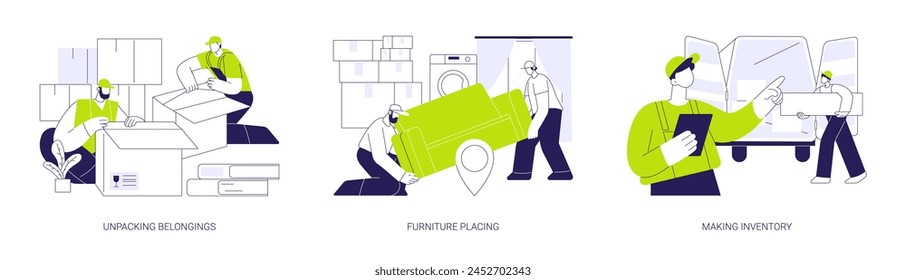 Full service moving company abstract concept vector illustration set. Unpacking belongings, furniture placing, making inventory, couriers delivery services, real estate business abstract metaphor.