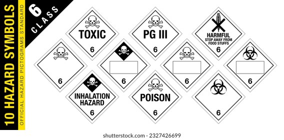 Conjunto completo de 10 signos aislados de materiales peligrosos de clase 6. Tóxico, inhalador, veneno, dañino. Carteles de Hazmat aislados. Norma oficial de pictogramas de peligro.