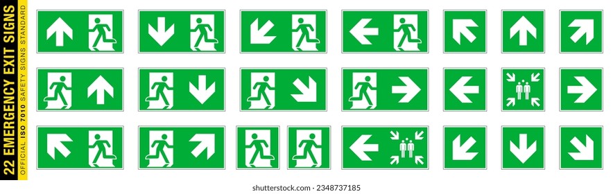 Conjunto completo de 22 símbolos de salida de emergencia aislados en la placa de rectángulo verde. Norma oficial de señales de seguridad ISO 7010