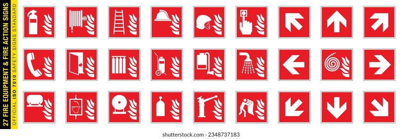 Vollständige Sammlung von 27 Feuerschutzausrüstungen und Brandschutzschildern an Bord. Offizieller ISO 7010-Standard für Sicherheitszeichen.