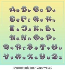 Full set of 3D volumetric letters.Vector illustration of blue purple gradient big and small,lowercase and uppercase decorative letters isolated on yellow blue. Complete Alphabet design.