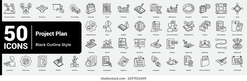 Um conjunto completo de 50 ícones para criar, gerenciar e otimizar qualquer plano de projeto, desde cronogramas até trabalho em equipe e revisões pós-lançamento. Estilo da linha.