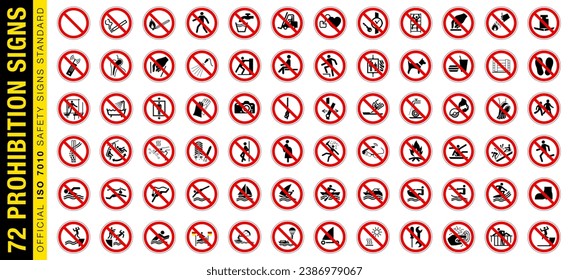 Full set of 72 isolated prohibition symbols on red crossed out circle board warning sign. Official ISO 7010 safety signs standard for production