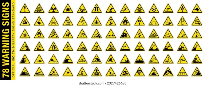 Full set of 78 isolated hazardous symbols on yellow round triangle board warning sign. Official ISO 7010 safety signs standard.