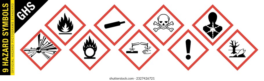 Full set of 9 isolated hazardous material signs. Globally Harmonized System warning signs GHS. Hazmat isolated placards. Official Hazard pictograms standard.