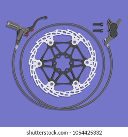 Full set of bicycle hydraulic brake on one side. Handle, hydraulic line, caliper, rotor and two bolts. Vector illustration without gradients.