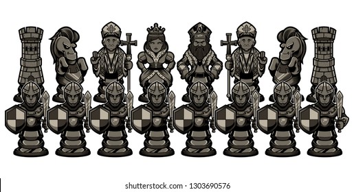 Full set of black cartoon chess piece characters, including pawn, rook, knight, bishop, queen and king.