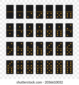 Conjunto completo de azulejos de dominó negro. Aislado sobre un fondo transparente. Ilustración vectorial, eps 10.

