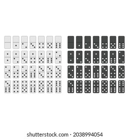 Full Set black and white domino pieces in realistic style. Dominoes bones complete set isolated on white background. Top view. Vector illustration. EPS 10.