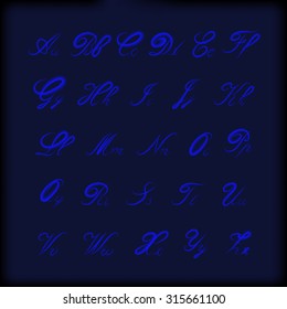 Full set of blue letters of the alphabet against a dark background, vector illustration.