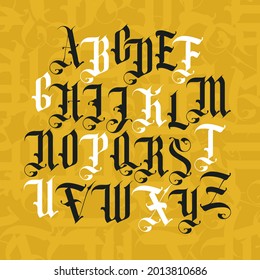 Full set of capital letters of the English alphabet in vintage style on an abstract yellow background. Handcrafted vector Latin font. Suitable for tattoo, monogram, label, headline, poster, lettering