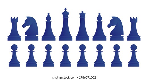 Conjunto completo de piezas de ajedrez aisladas sobre fondo blanco. El rey, la reina, el obispo, el caballero, el rook, las figuras de peones. Equipos deportivos para la ilustración vectorial de juegos de estrategia. Piezas de ajedrez azules para el torneo.