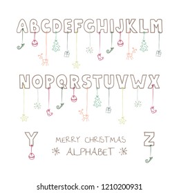 Full set of Christmas alphabet vector winter holidays cute sketched letters isolated on white background decorated with tied hanging symbols and ornaments of Merry Christmas and Happy New Year