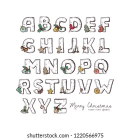 Full set of Christmas alphabet vector winter holidays sketched letters isolated on white background with symbols and ornaments of Merry Christmas and Happy New Year