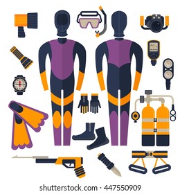 A full set of clothing, underwater equipment and tools for deep sea diving. Wetsuit and equipment diver. Cartoon flat vector illustration. Objects isolated on a white background.