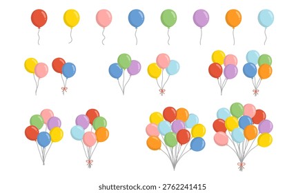 Full Set of Colorful Balloons (Single, Bouquet, with Ribbon) Vector