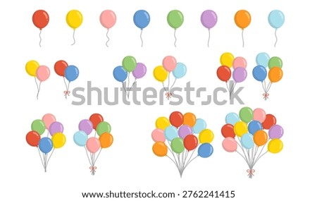 Full Set of Colorful Balloons (Single, Bouquet, with Ribbon) Vector