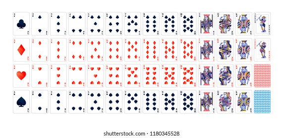 Full set of detailed colorful poker cards isolated on white