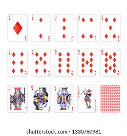Full set of diamonds suit playing cards with joker on white