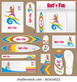 a full set of different elements for surfing small business. vector illustration