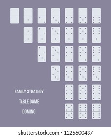 Full set of dominoes, a table logic game, dice, in the number of 28 pieces with a different numerical value, family strategy. Game entertainment. Vector illustration isolated.