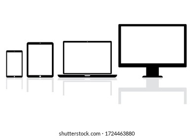 A full set of equipment of a leading company on a white background with reflection. Realistic image of the technology of the American company. Vector illustration. Stock Photo.